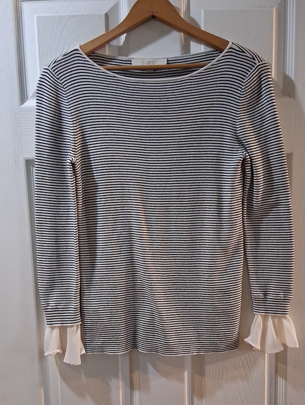 LOFT Black & White Striped Ruffle Cuff Boatneck Knitted Top Stretchy